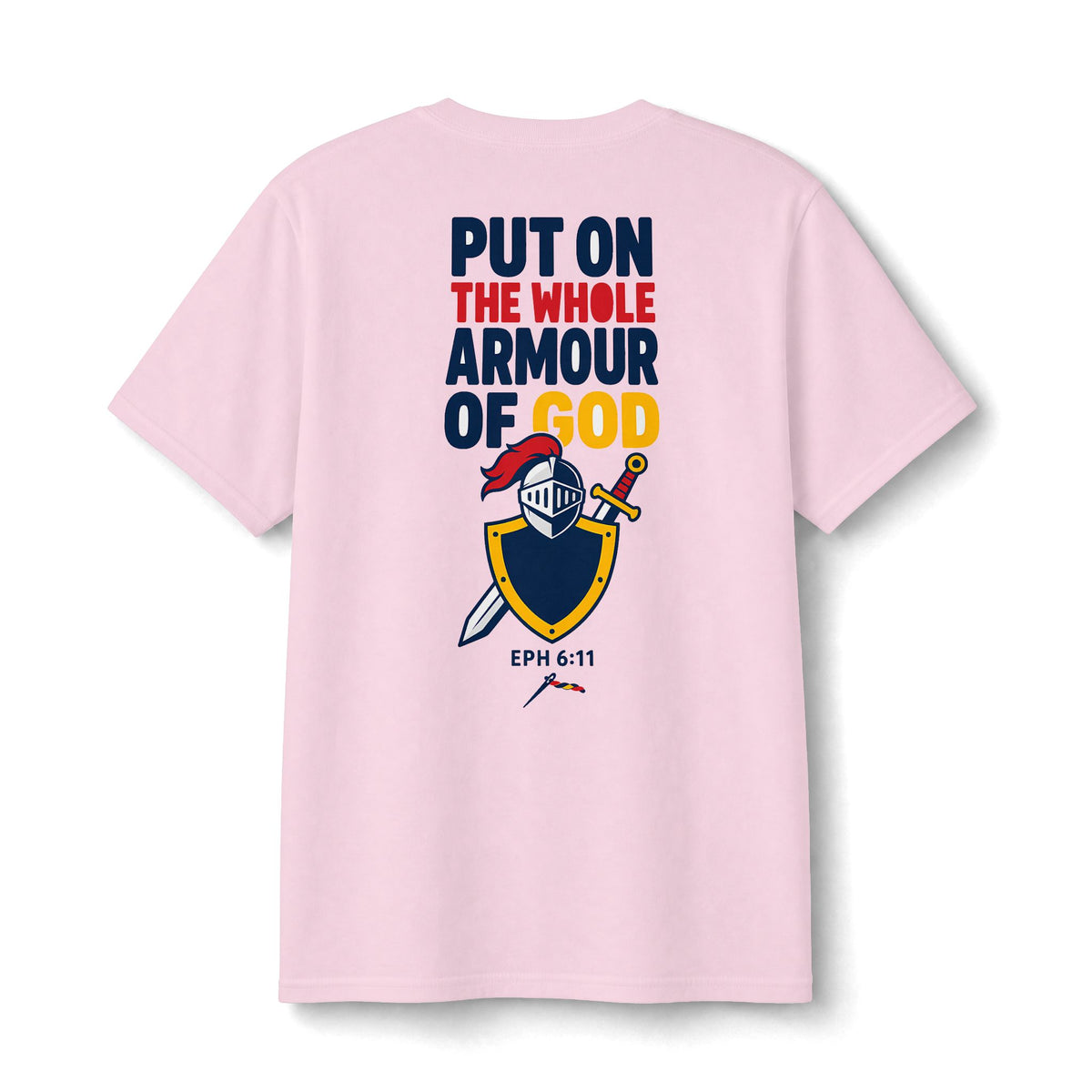 Armor of God Kids Tee in Light Pink, back print: knight and shield, PUT ON THE WHOLE ARMOUR OF GOD, Ephesians 6:11 (KJV)