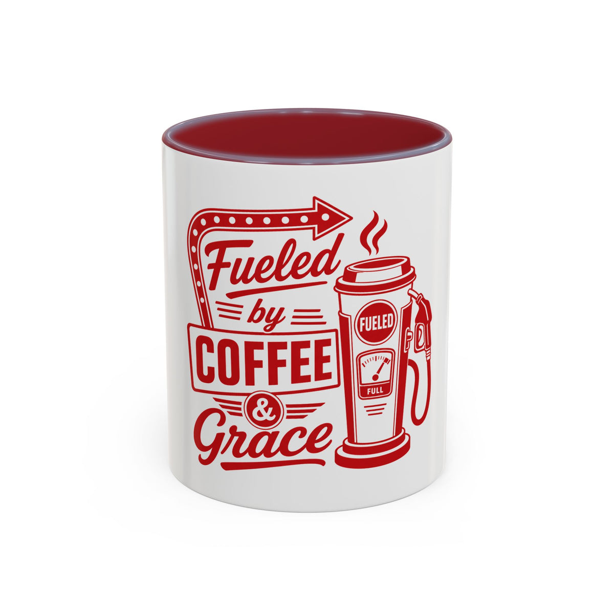 Fueled by Coffee & Grace Mug, mug, Maroon inside and handle, front view, FUELED BY COFFEE & GRACE., 2 Corinthians 12:9 (KJV)
