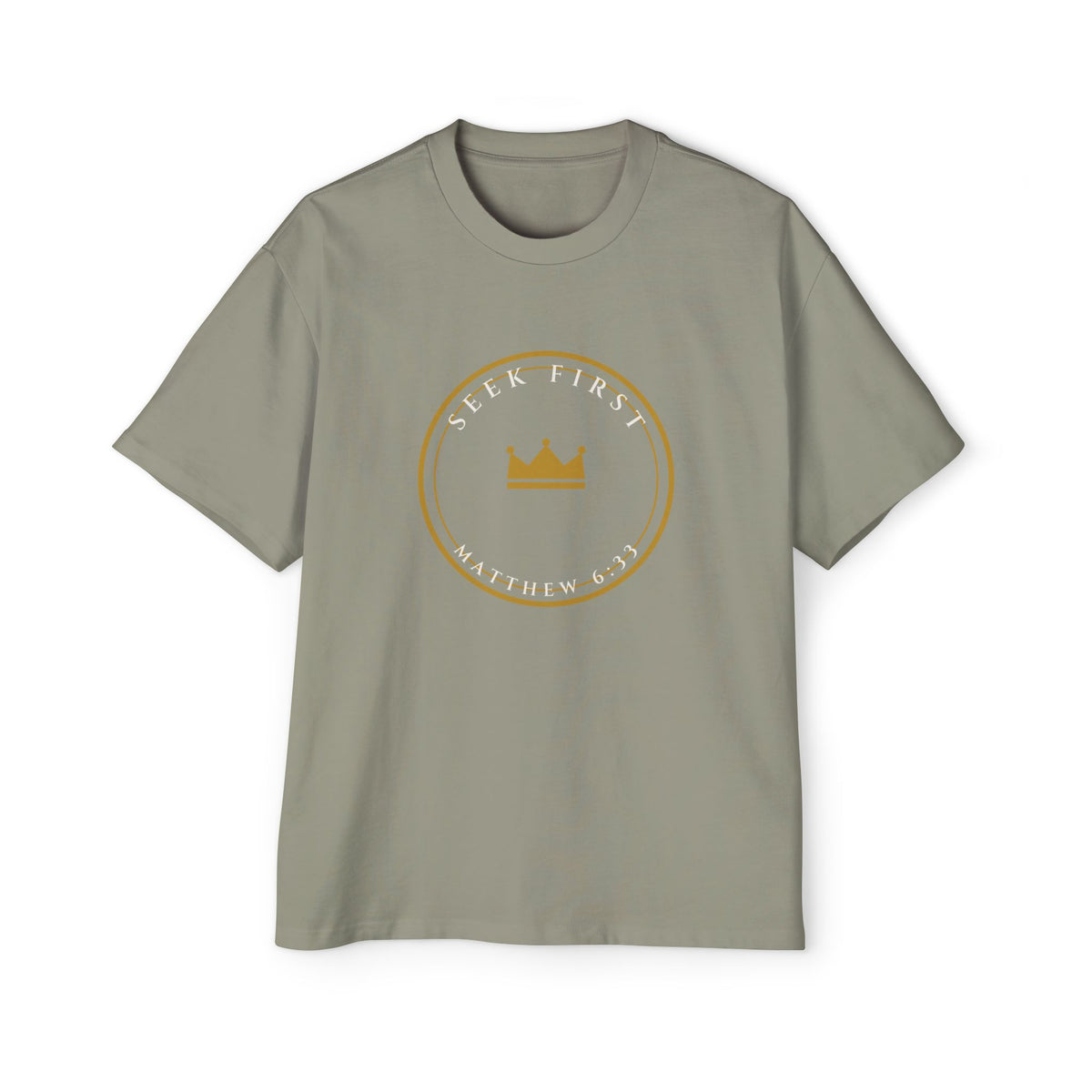 Seek First Crest Oversized Tee, t-shirt, Eucalyptus, front view, SEEK FIRST., Matthew 6:33 (KJV)