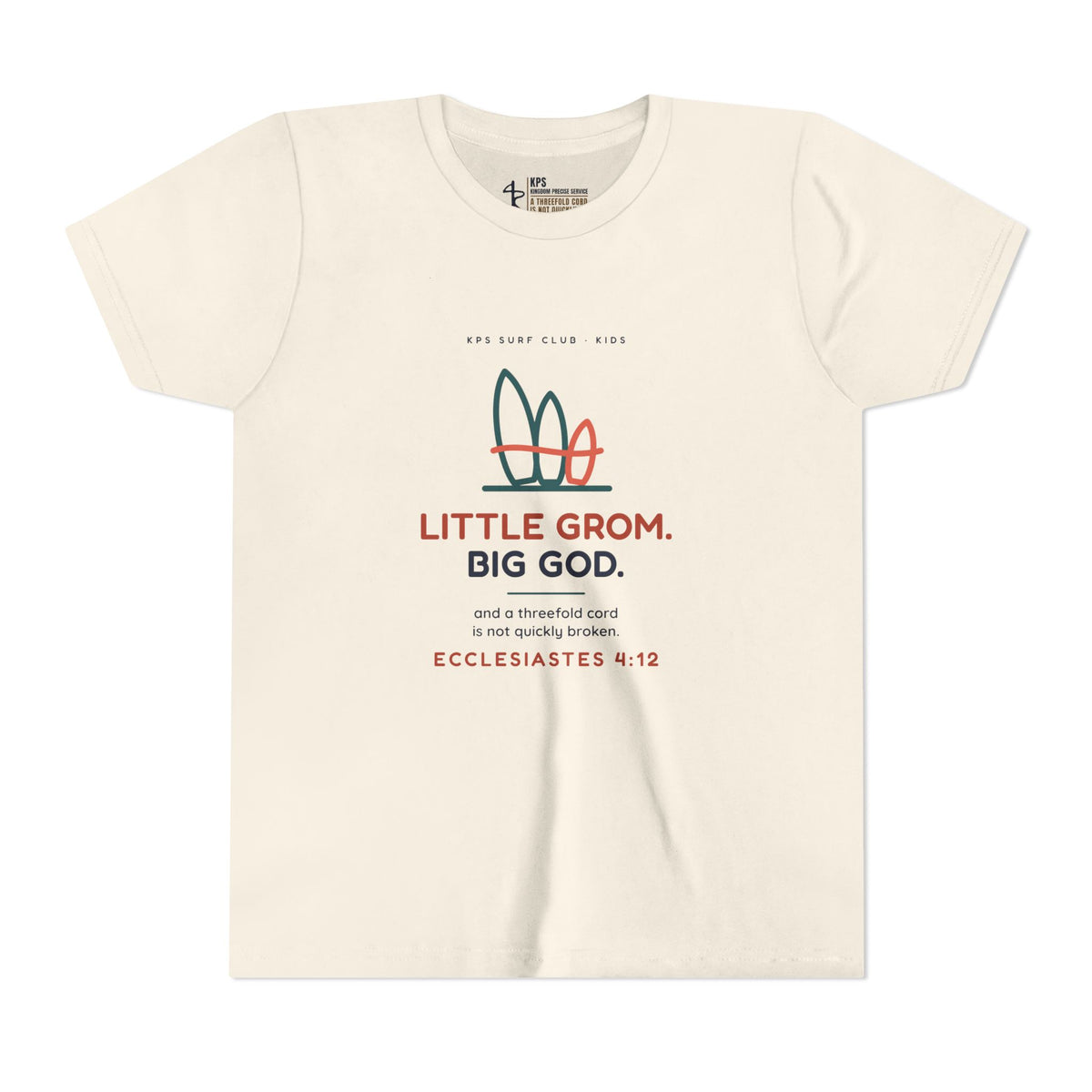 Little Grom. Big God. Youth Tee, Natural, front view, LITTLE GROM. BIG GOD., Ecclesiastes 4:12 (KJV)