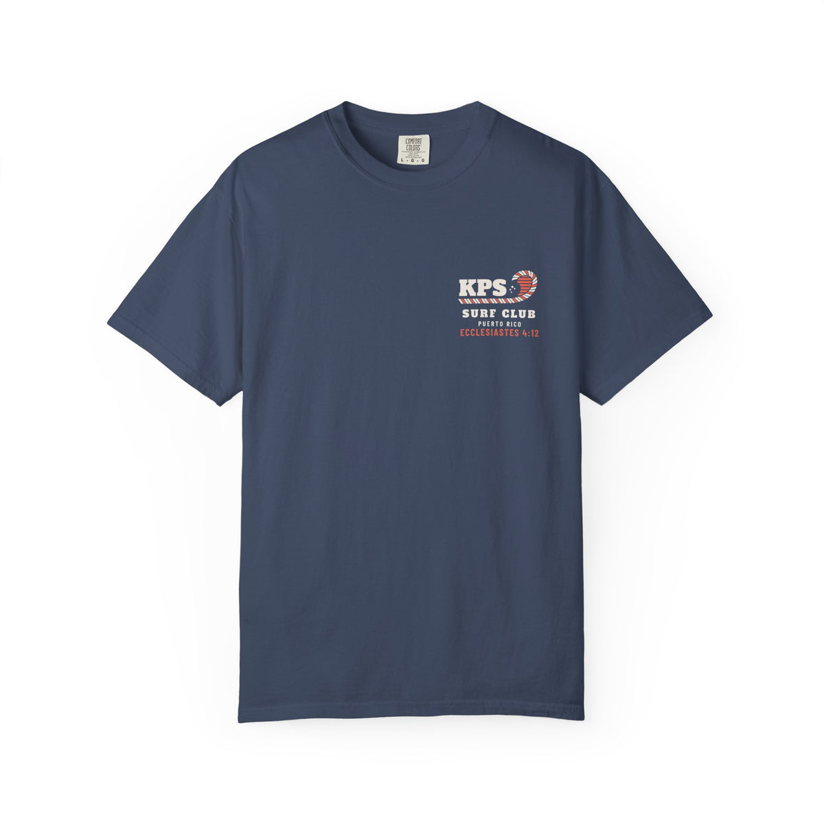 KPS Surf Club Tee, Midnight, front view, KPS SURF CLUB. Ecclesiastes 4:12 (KJV)