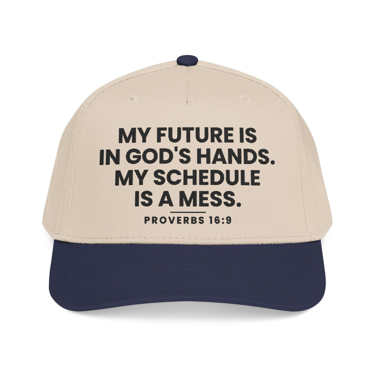 God's Hands Cap, Navy/Natural, front view, MY FUTURE IS IN GOD'S HANDS. MY SCHEDULE IS A MESS., Proverbs 16:9 (KJV)