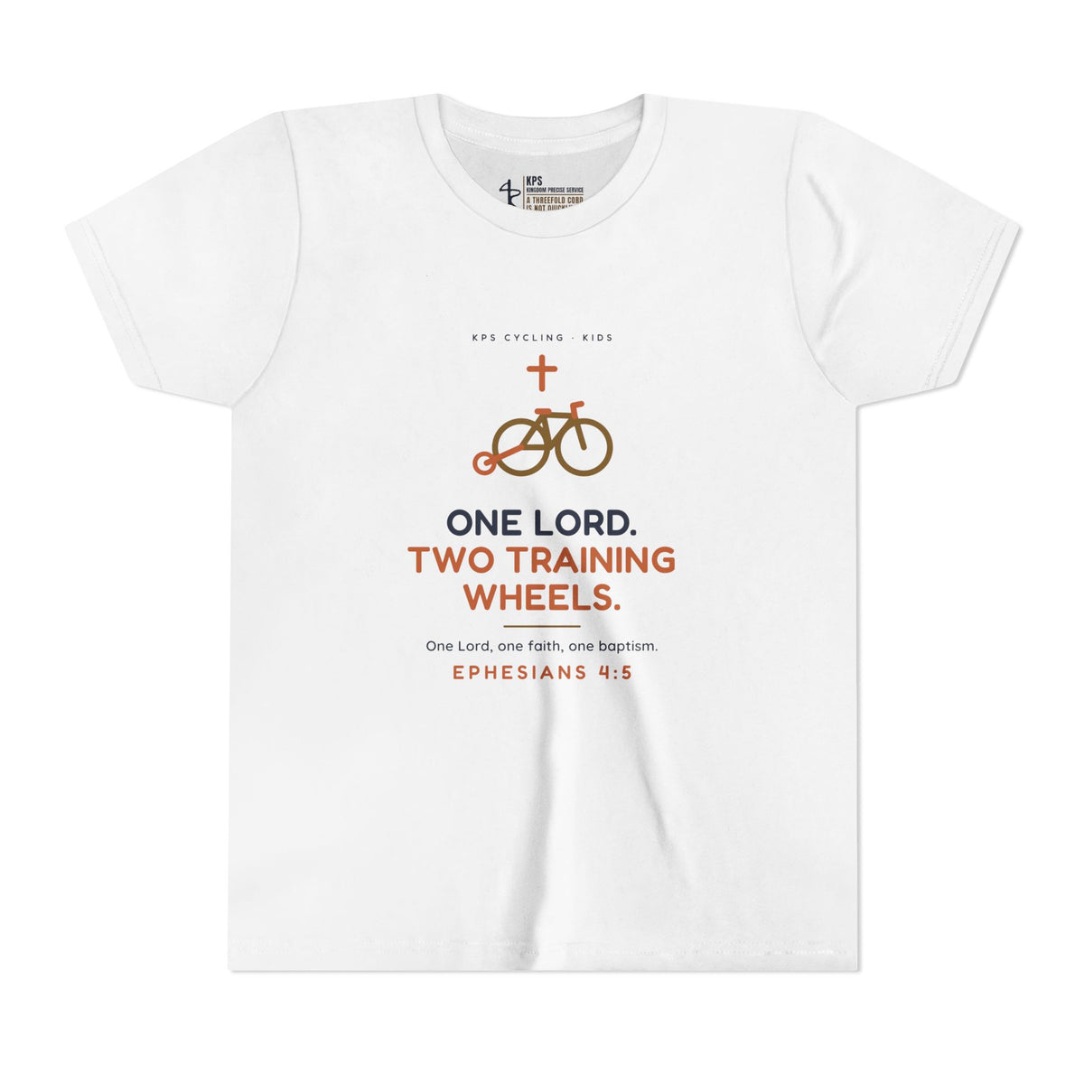 One Lord, Two Training Wheels Youth Tee, White, front view, ONE LORD. TWO TRAINING WHEELS., Ephesians 4:5 (KJV)