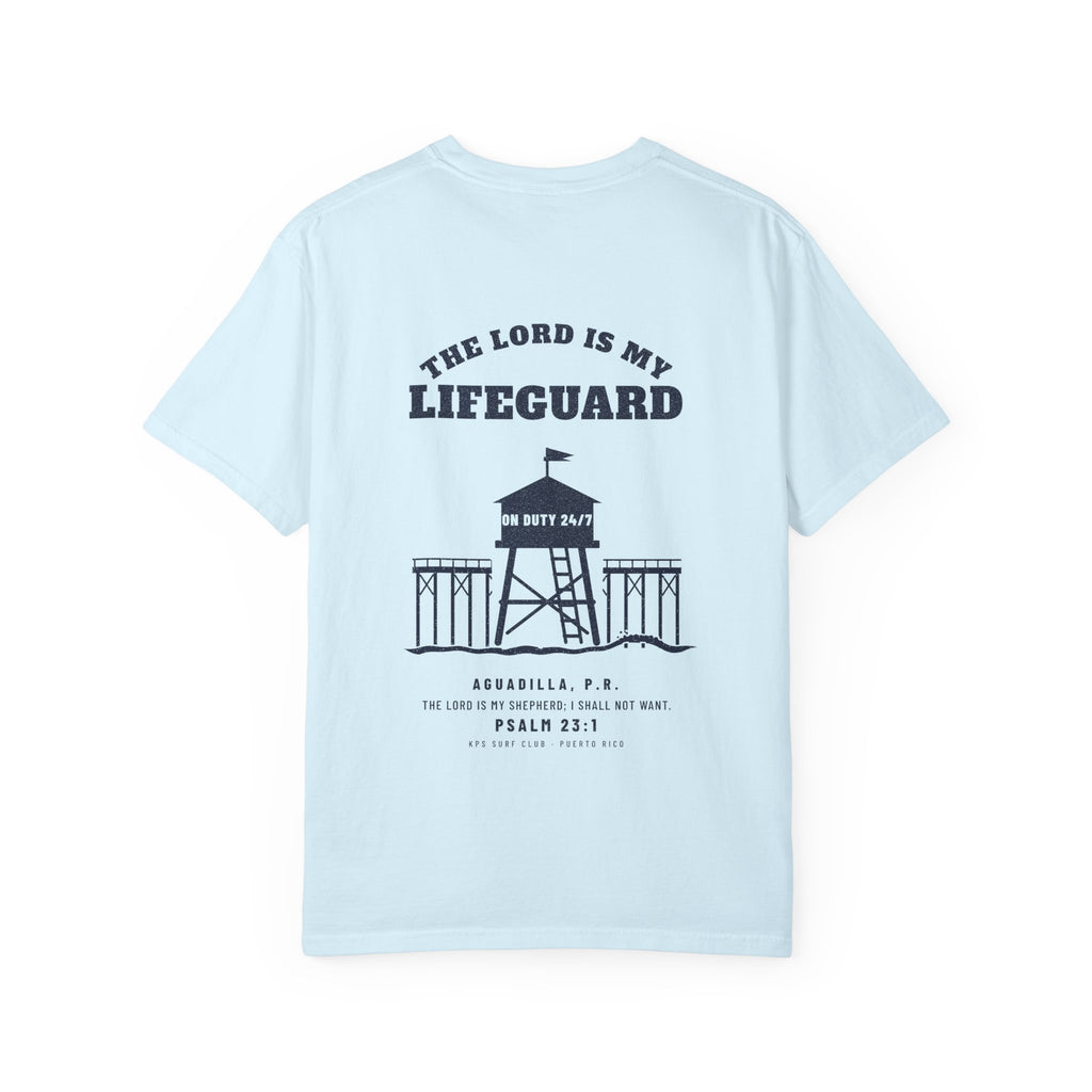 The Lord Is My Lifeguard Surf Tee, Chambray, back view, THE LORD IS MY LIFEGUARD. Psalm 23:1 (KJV)