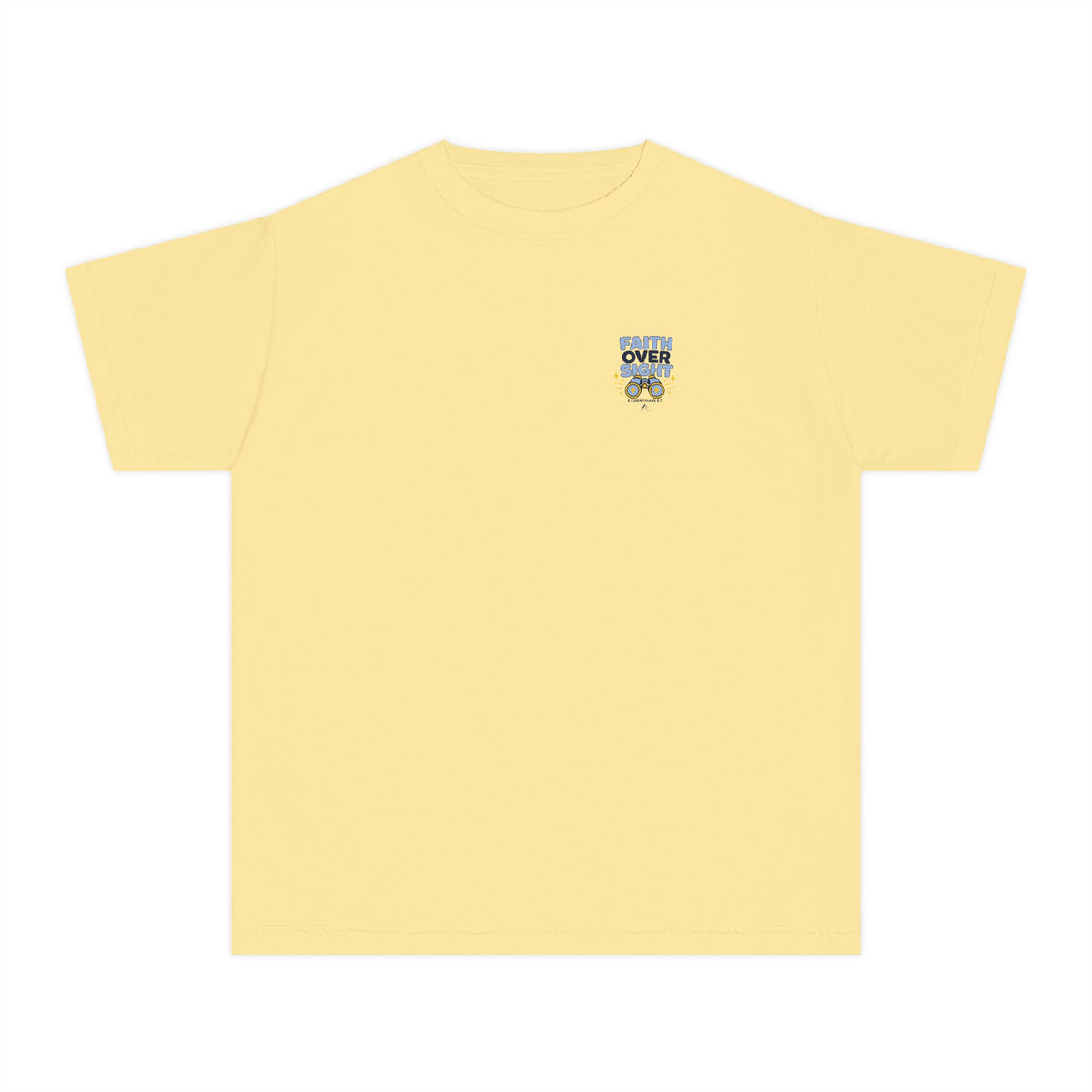 Faith Over Sight Youth Tee in Butter, front view: small FAITH OVER SIGHT. binoculars chest print, 2 Corinthians 5:7 (KJV)