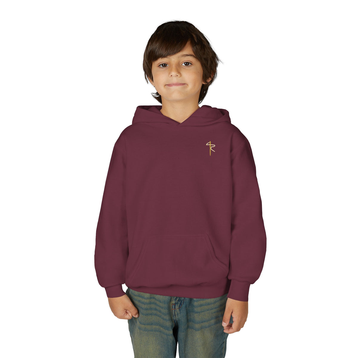 Child of God Youth Hoodie, kids' hoodie, Maroon, front view, worn by a child, A CHILD OF GOD… STILL ASKING “ARE WE THERE YET?”, 1 John 3:2 (KJV)