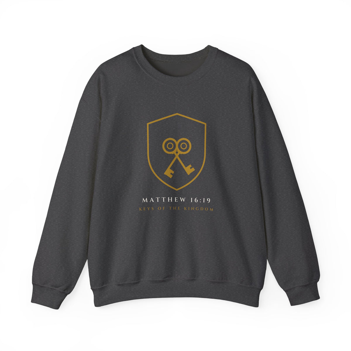 Crossed Keys Crewneck, sweatshirt, Dark Heather, front view: gold shield with crossed keys, MATTHEW 16:19 and KEYS OF THE KINGDOM, Matthew 16:19 (KJV)