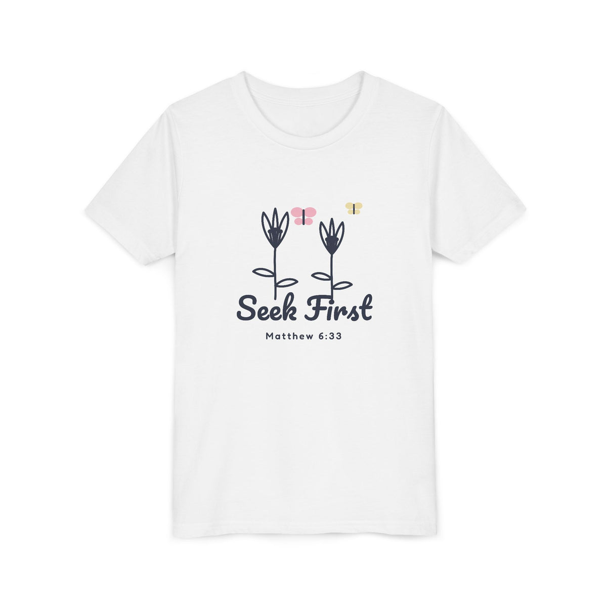 Seek First Lilies Youth Tee, kids' t-shirt, White, front view, angled, SEEK FIRST., Matthew 6:33 (KJV)