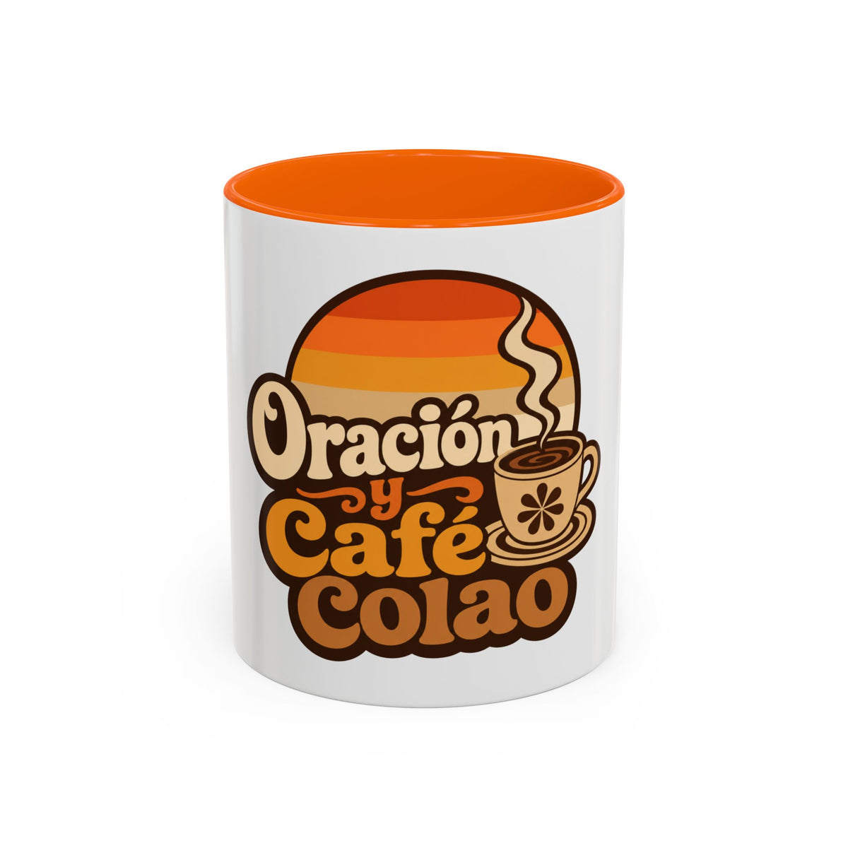 Oración y Café Colao Mug, mug, Orange inside and handle, front view, ORACIÓN Y CAFÉ COLAO., Psalm 5:3 (KJV)