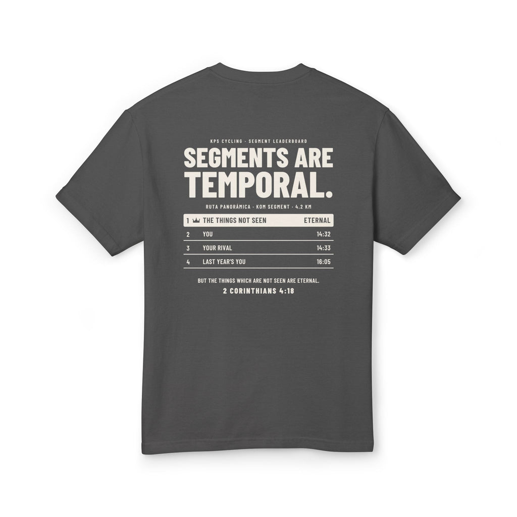 Segments Are Temporal Cycling Tee, Faded Black, back view, SEGMENTS ARE TEMPORAL. 2 Corinthians 4:18 (KJV)
