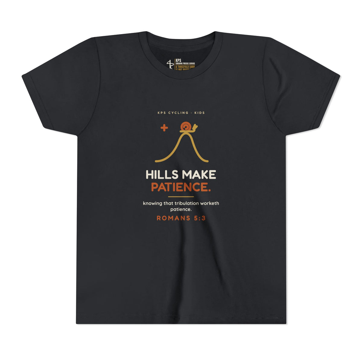 Hills Make Patience Youth Tee, Vintage Black, front view, HILLS MAKE PATIENCE., Romans 5:3 (KJV)
