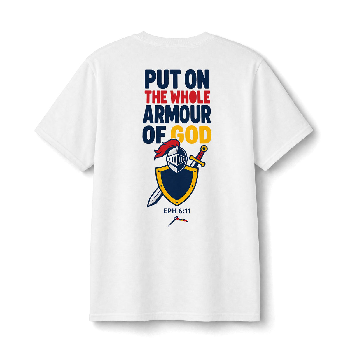 Armor of God Kids Tee in White, back print: knight and shield, PUT ON THE WHOLE ARMOUR OF GOD, Ephesians 6:11 (KJV)