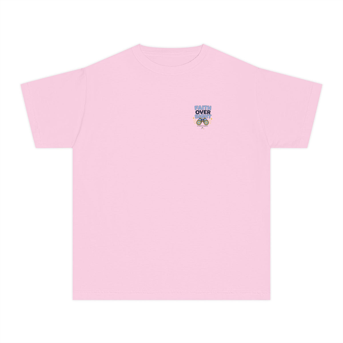 Faith Over Sight Youth Tee in Blossom, front view: small FAITH OVER SIGHT. binoculars chest print, 2 Corinthians 5:7 (KJV)
