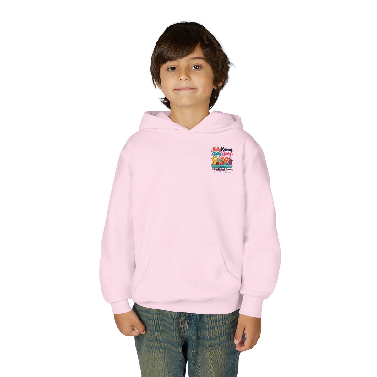 Fully Known Youth Hoodie, kids' hoodie, Light Pink, front view, worn by a child, FULLY KNOWN, FULLY LOVED., Psalm 139:1 (KJV)