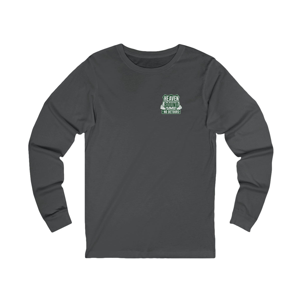 Heaven Bound Long Sleeve Tee, long-sleeve tee, Asphalt, front view, HEAVEN BOUND. NO DETOURS., Philippians 3:14 (KJV)