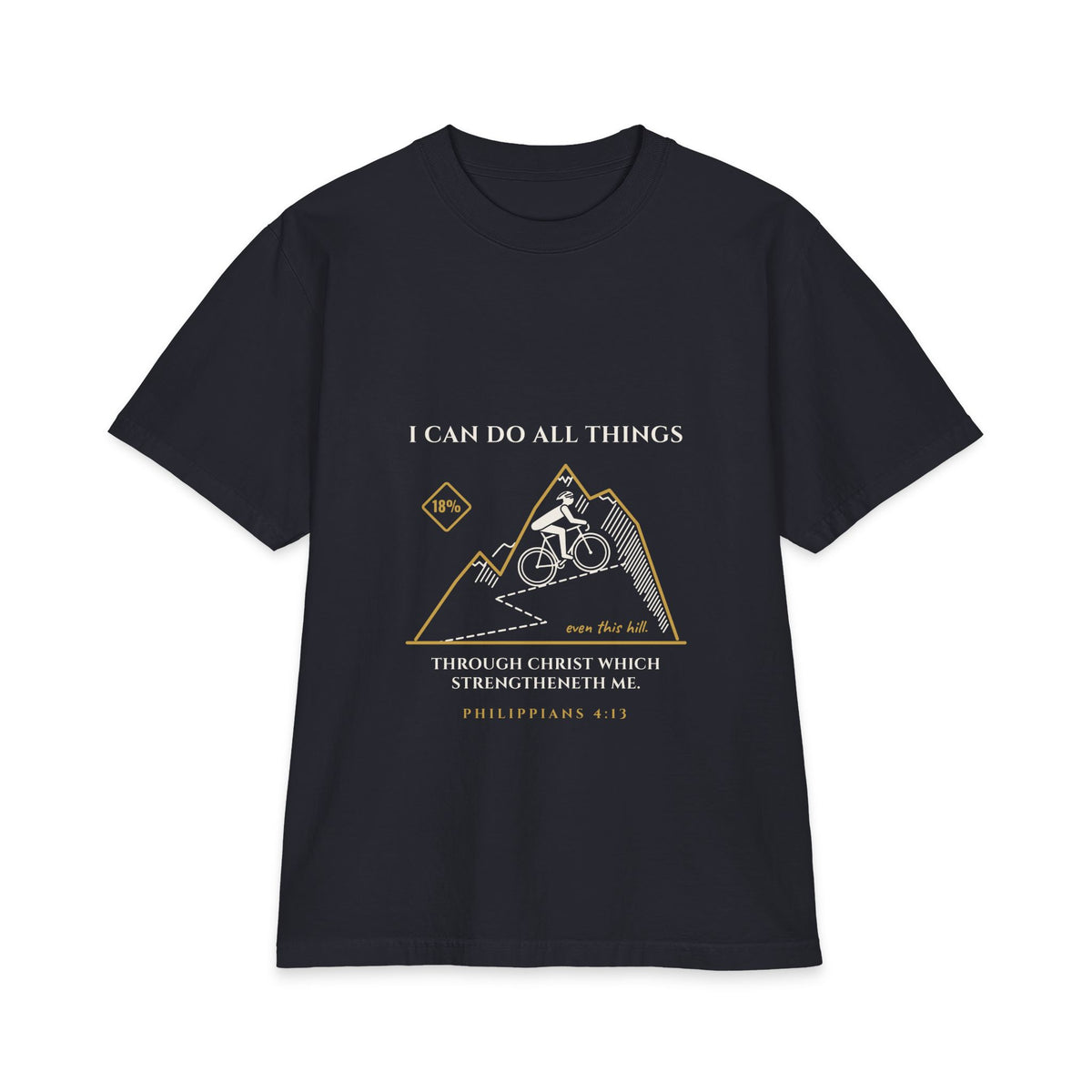 I Can Do All Things (Even This Hill) Cycling Tee, Navy, front view, I CAN DO ALL THINGS. (EVEN THIS HILL.) Philippians 4:13 (KJV)