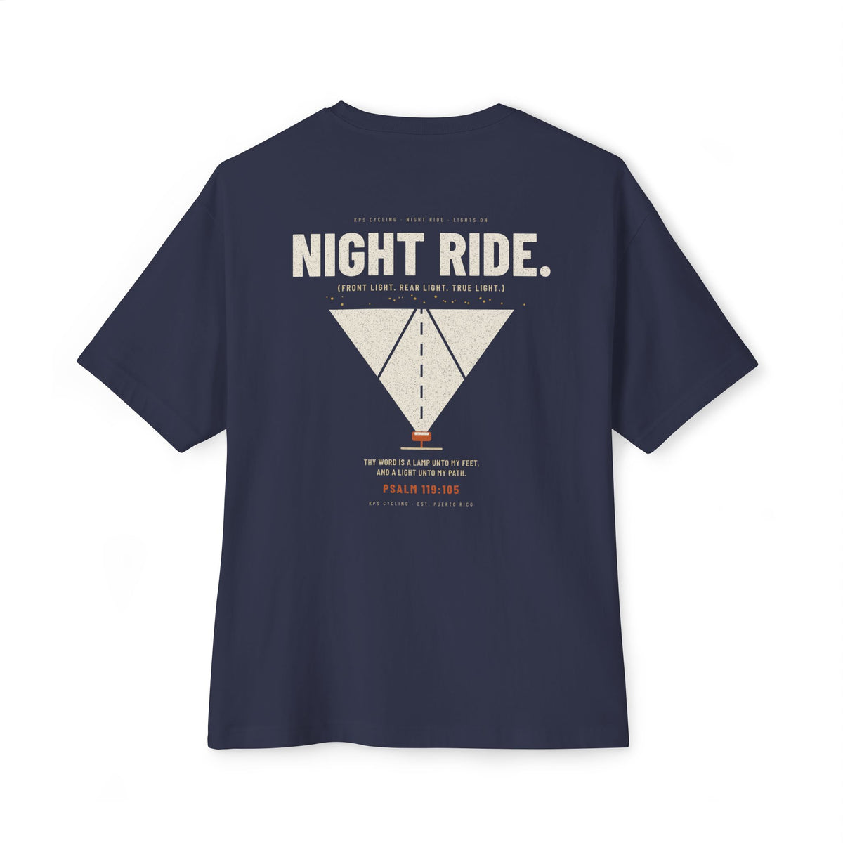 Night Ride Cycling Tee, Navy, back view, NIGHT RIDE. (FRONT LIGHT. REAR LIGHT. TRUE LIGHT.), Psalm 119:105 (KJV)