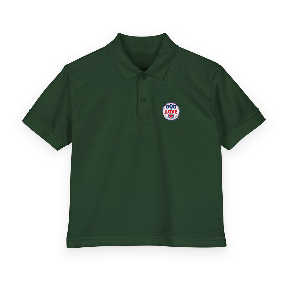 God Is Love Youth Polo, kids' polo, Forest Green, front view, GOD IS LOVE., 1 John 4:8 (KJV)