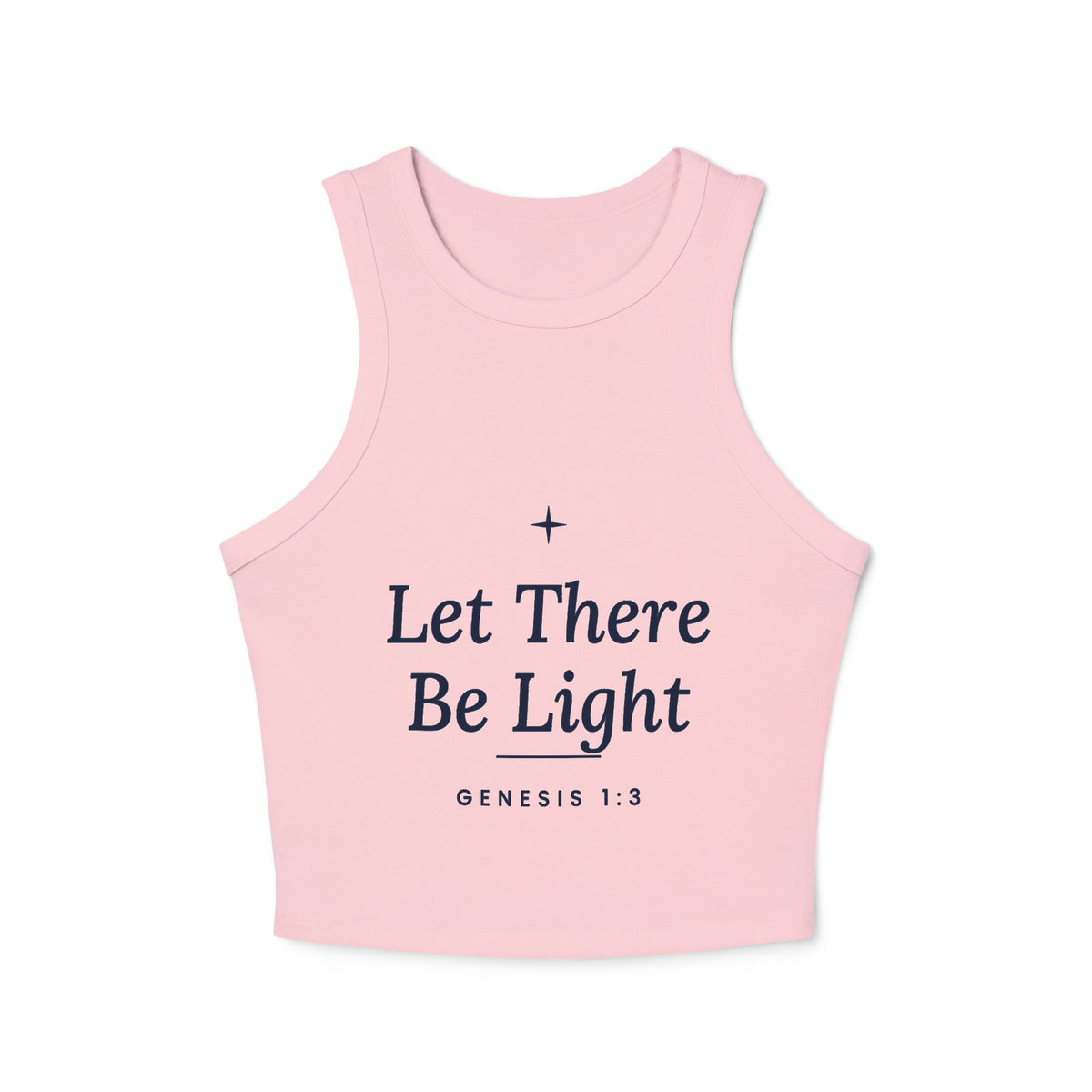 Let There Be Light Tank, racerback tank top, Solid Pink Blend, front view, LET THERE BE LIGHT., Genesis 1:3 (KJV)