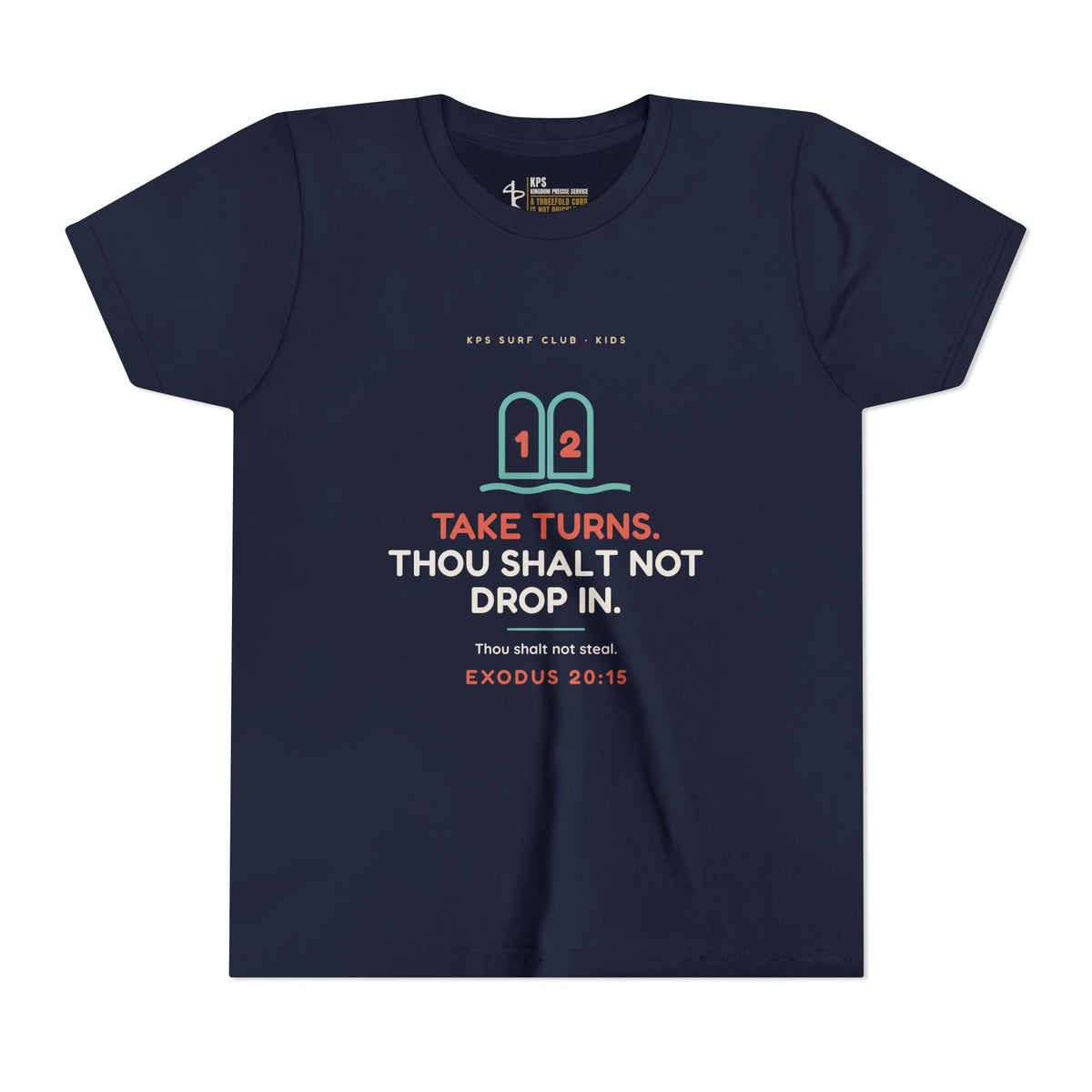 Take Turns Youth Tee, Navy, front view, TAKE TURNS. THOU SHALT NOT DROP IN., Exodus 20:15 (KJV)