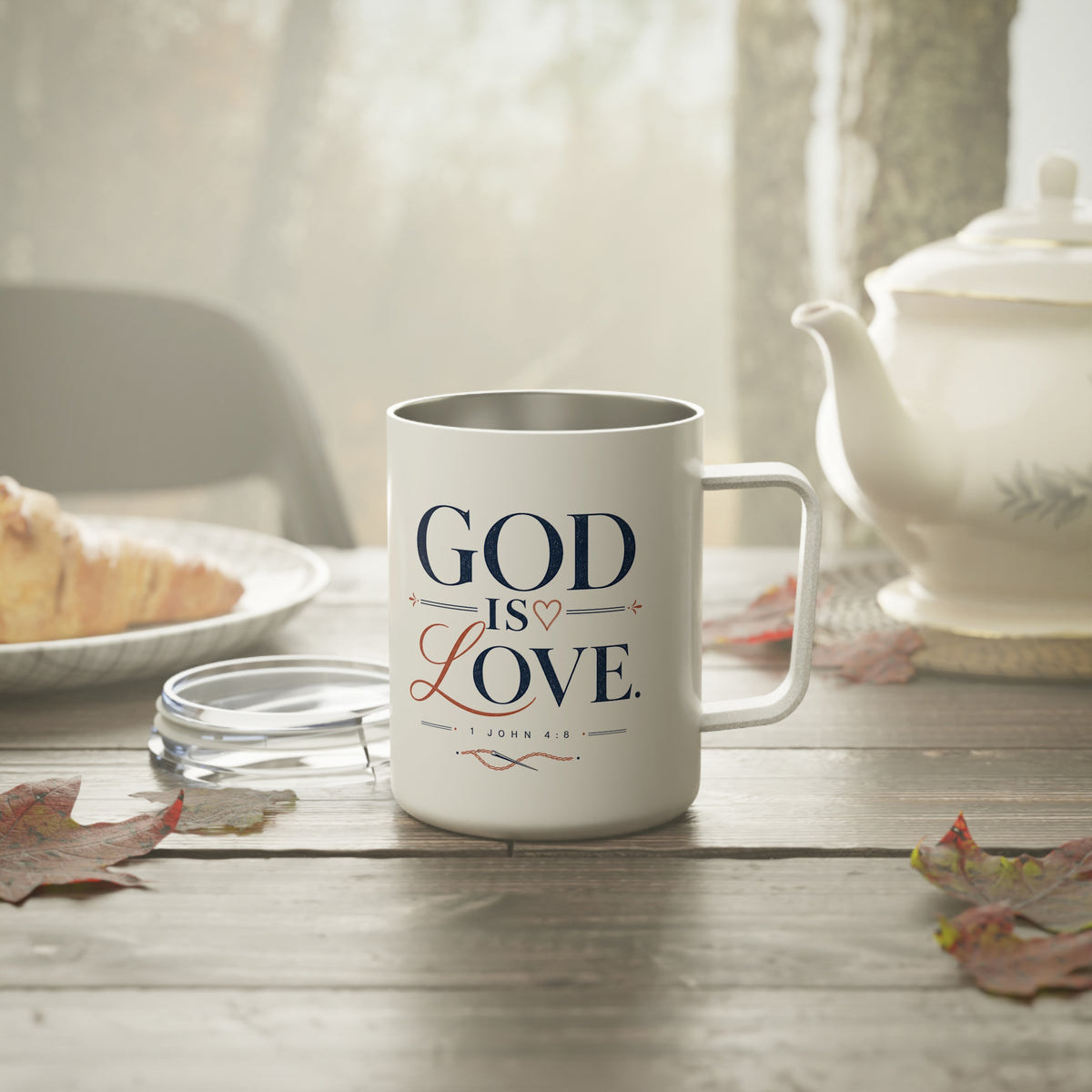 God Is Love Travel Mug, travel mug, White, lifestyle photo, GOD IS LOVE., 1 John 4:8 (KJV)