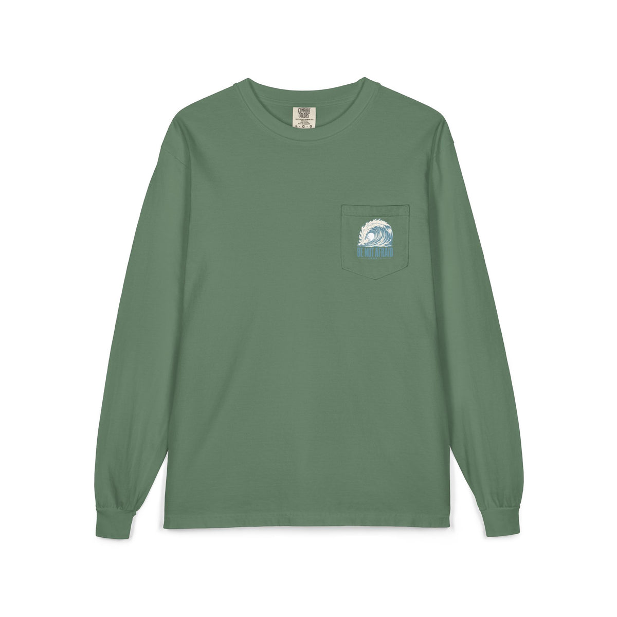 Wave Pocket Long Sleeve, long-sleeve tee, Light Green, front view, BE NOT AFRAID., Joshua 1:9 (KJV)