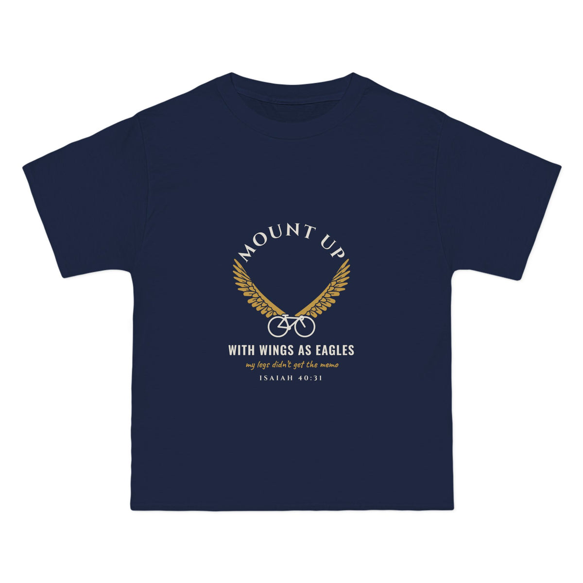 Mount Up (My Legs Didn't Get the Memo) Cycling Tee, Navy, front view, MOUNT UP. (MY LEGS DIDN'T GET THE MEMO.), Isaiah 40:31 (KJV)