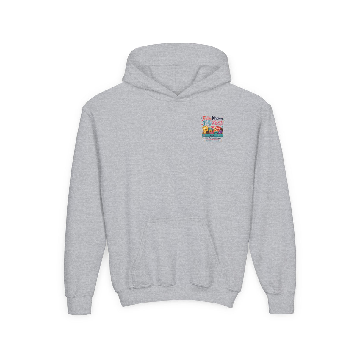 Fully Known Youth Hoodie, kids' hoodie, Sport Grey, front view, FULLY KNOWN, FULLY LOVED., Psalm 139:1 (KJV)