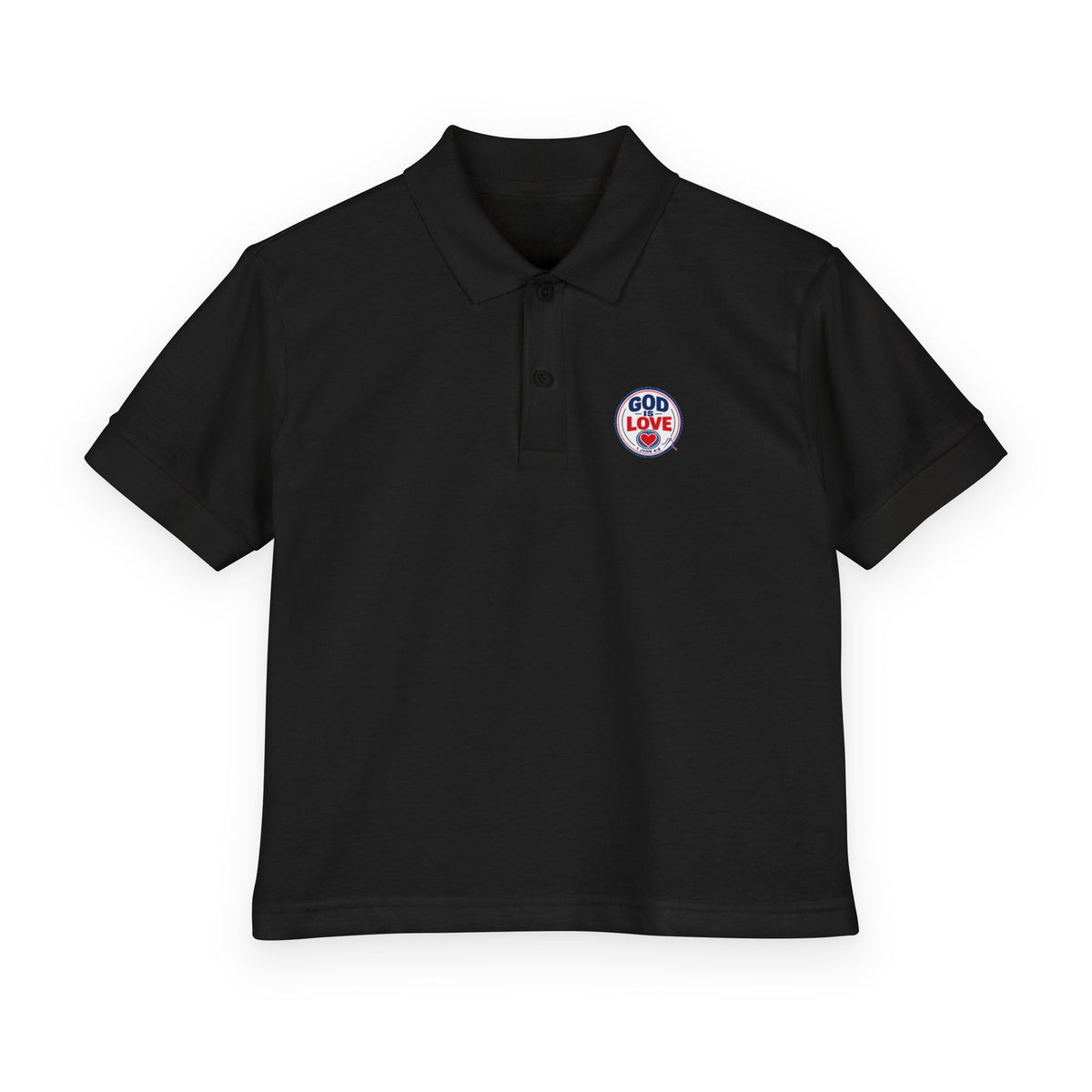 God Is Love Youth Polo, kids' polo, Black, front view, GOD IS LOVE., 1 John 4:8 (KJV)