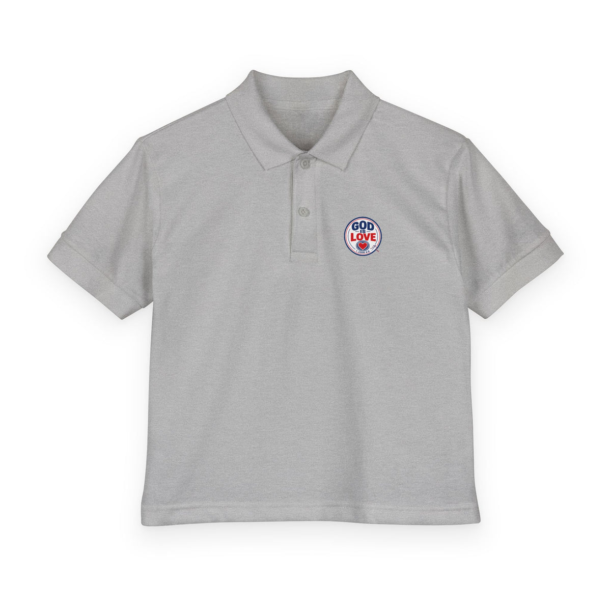 God Is Love Youth Polo, kids' polo, Sport Grey, front view, GOD IS LOVE., 1 John 4:8 (KJV)