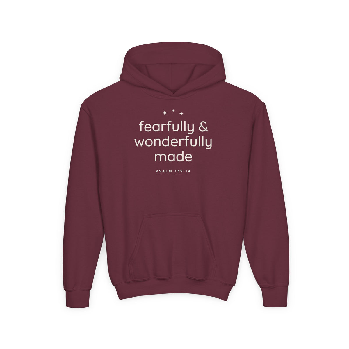 Fearfully & Wonderfully Made Youth Hoodie, youth hoodie, Maroon, front view, FEARFULLY & WONDERFULLY MADE., Psalm 139:14 (KJV)