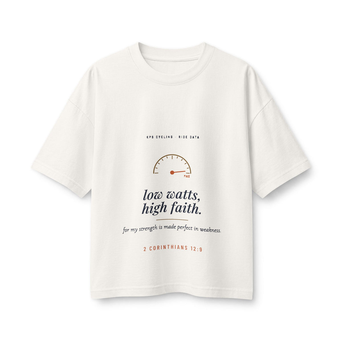 Low Watts High Faith Women's Boxy Tee, Vintage White, front view, LOW WATTS. HIGH FAITH. 2 Corinthians 12:9 (KJV)
