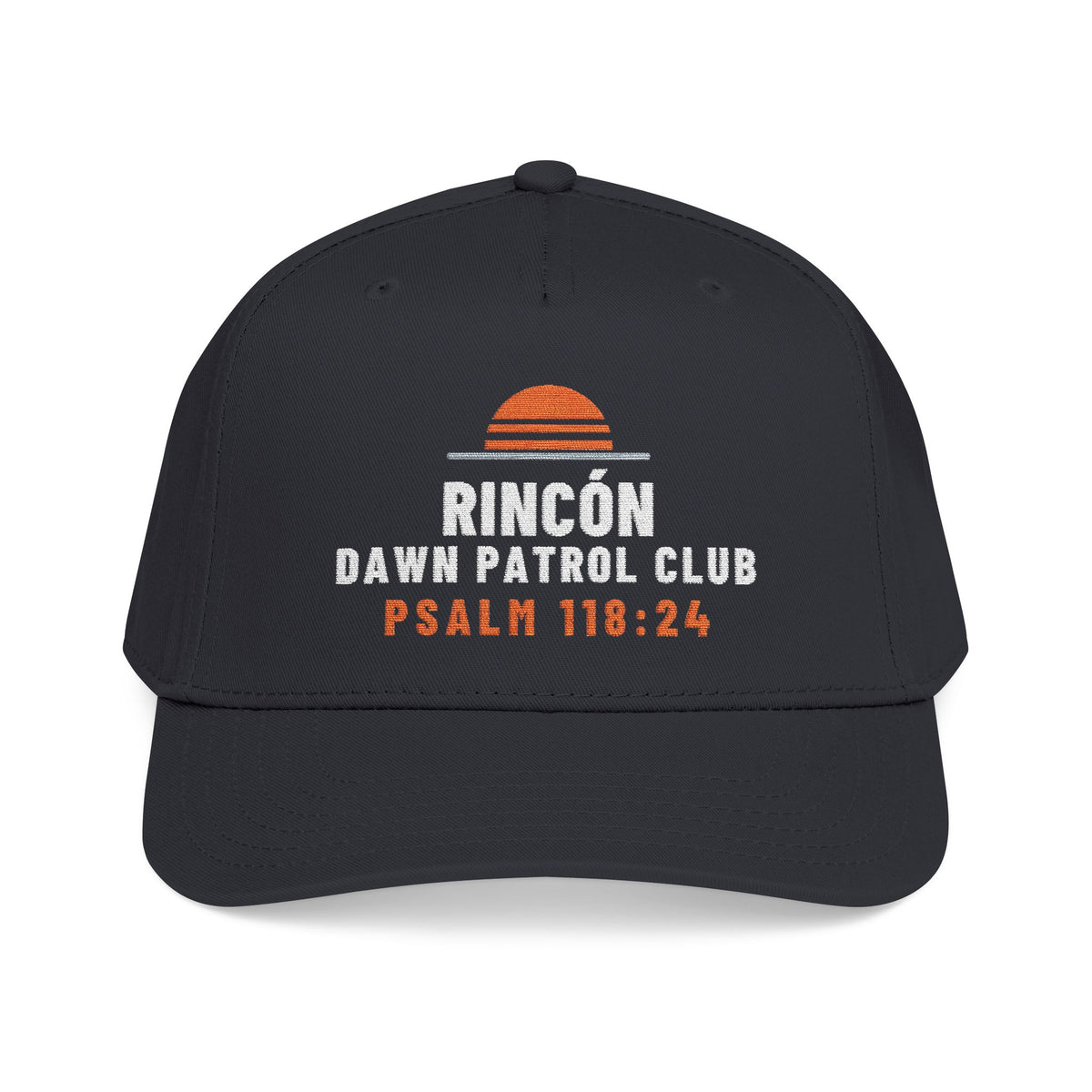 Rincón Dawn Patrol Club Cap, Black, front view, RINCÓN DAWN PATROL CLUB. Psalm 118:24 (KJV)
