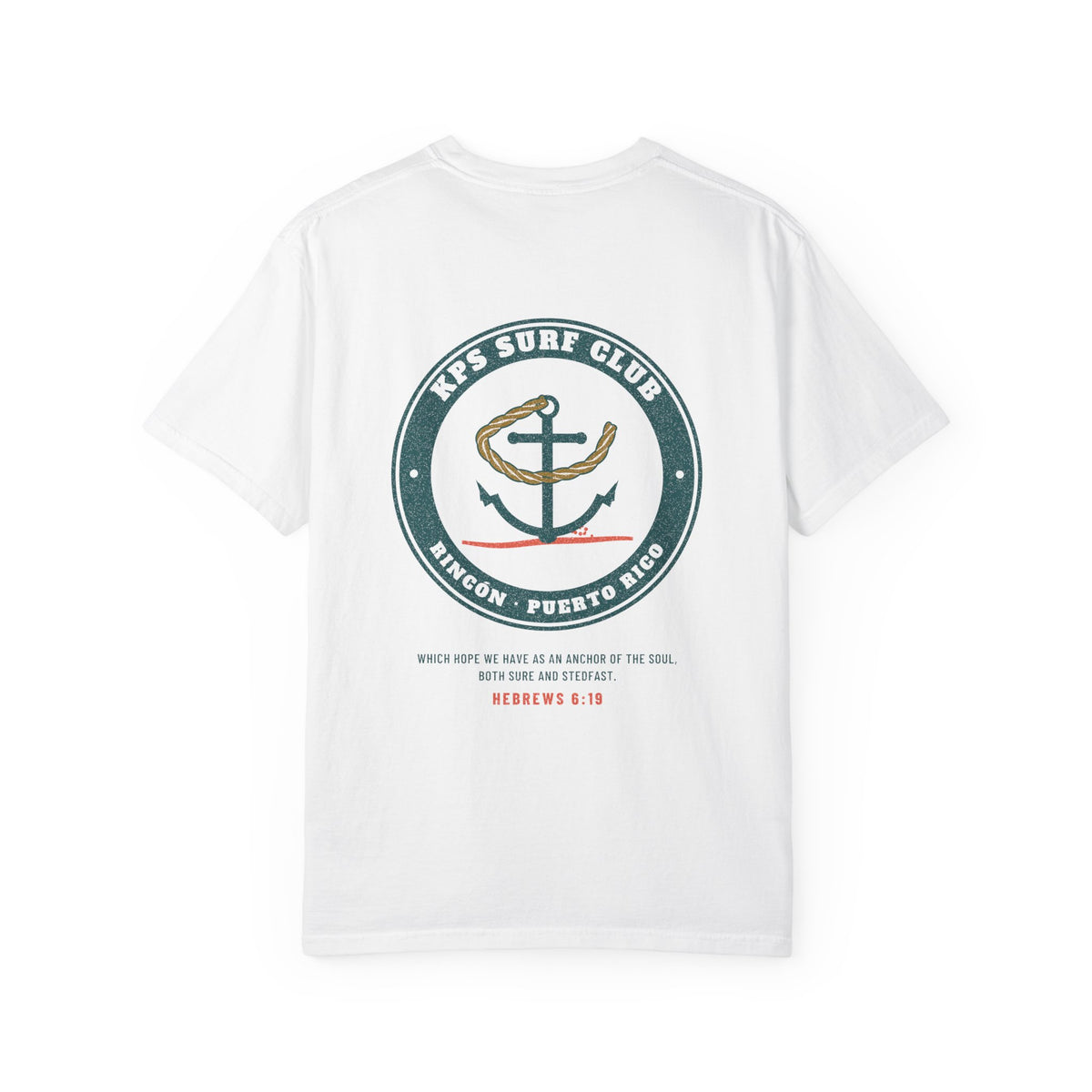 KPS Surf Club Anchor Tee, White, back view, KPS SURF CLUB. Hebrews 6:19 (KJV)