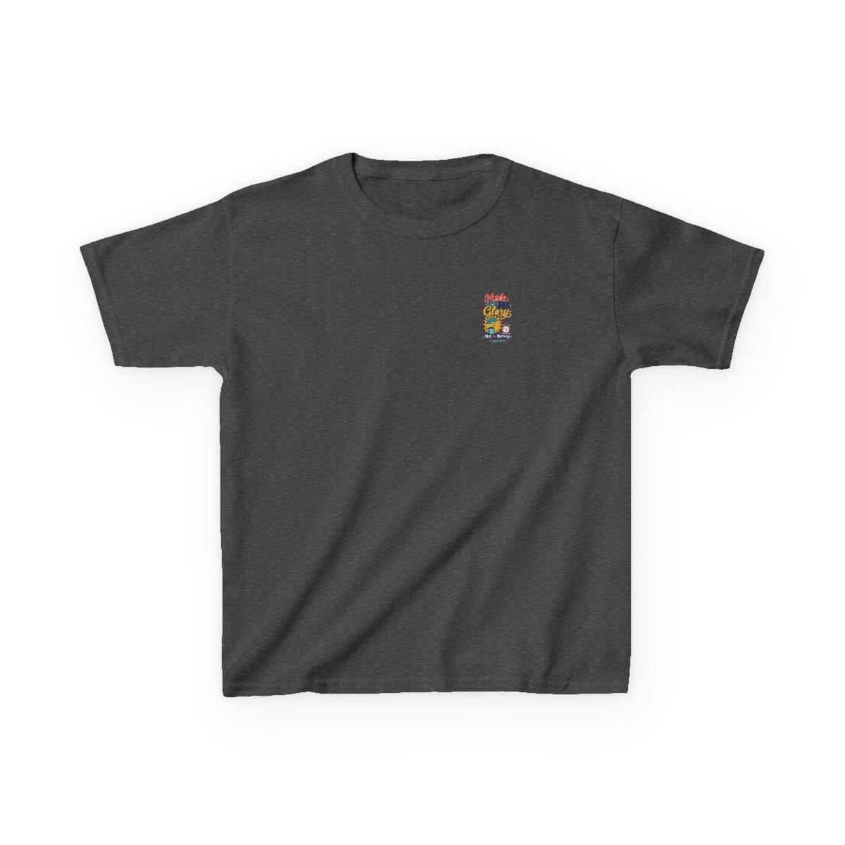 His Glory Kids Tee, kids' t-shirt, Dark Heather, front view, MADE FOR HIS GLORY… NOT FOR MORNINGS., Isaiah 43:7 (KJV)