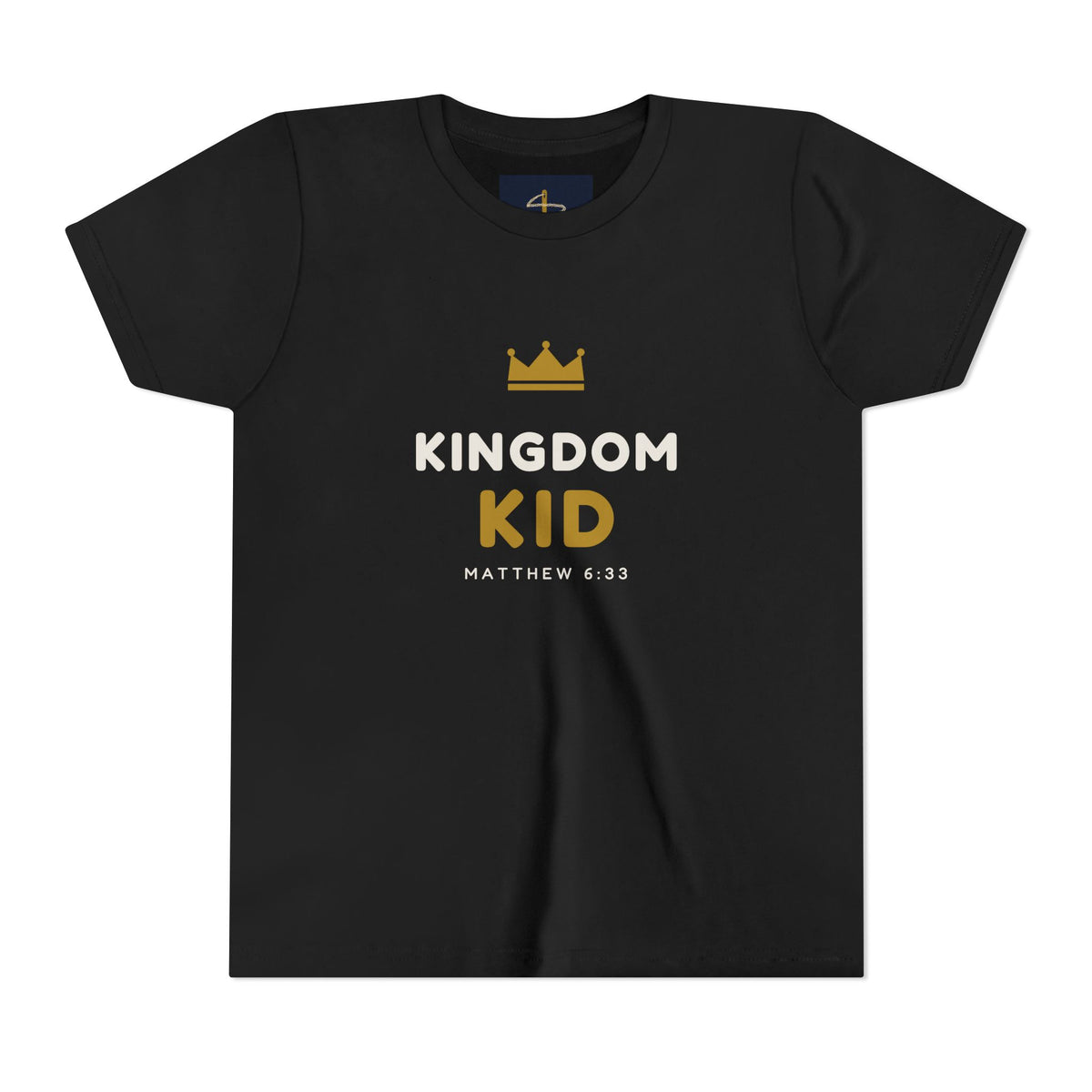 Kingdom Kid Youth Tee in Black, front view: KINGDOM KID. crown print, Matthew 6:33 (KJV)