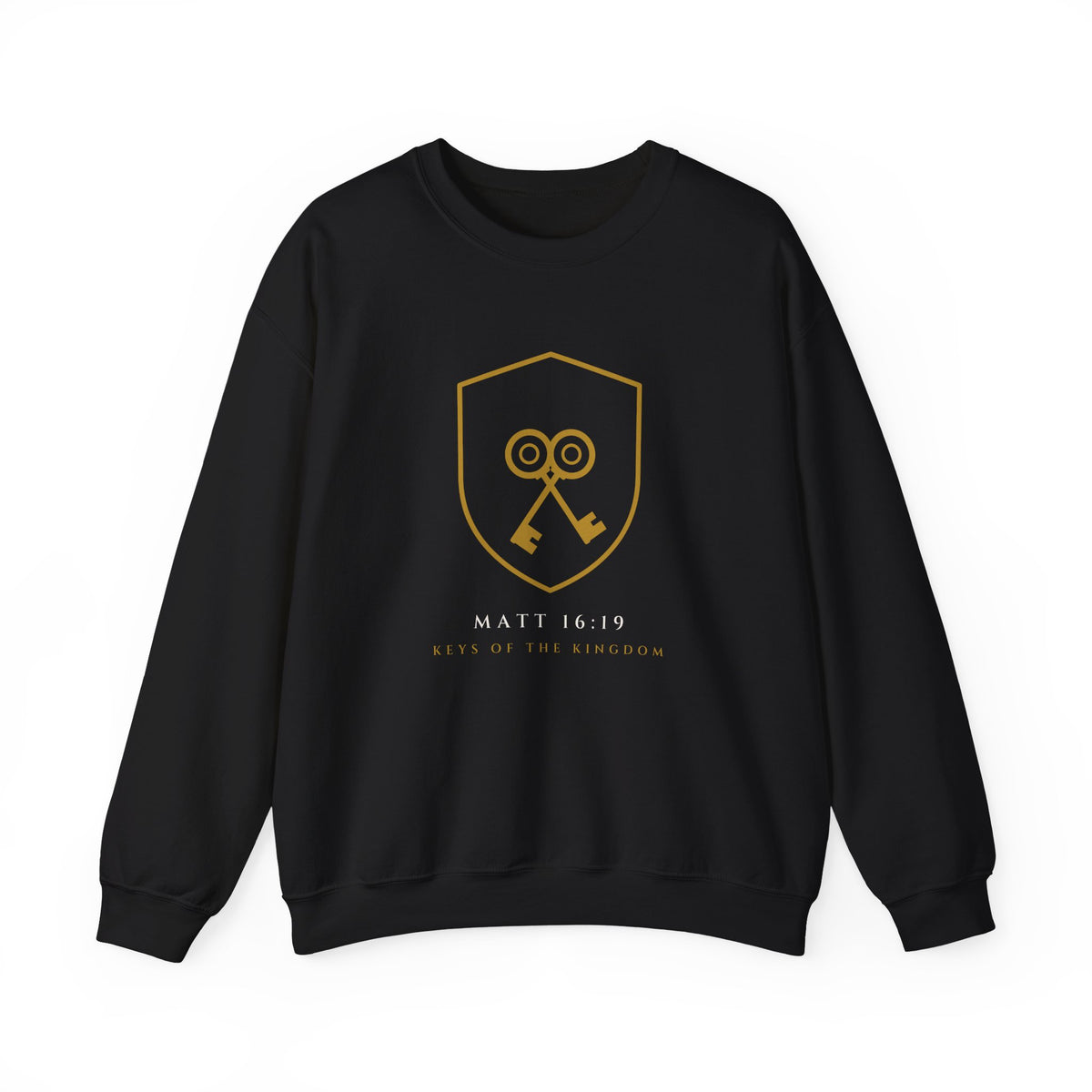 Crossed Keys Crewneck, sweatshirt, Black, front view, KEYS OF THE KINGDOM., Matthew 16:19 (KJV)