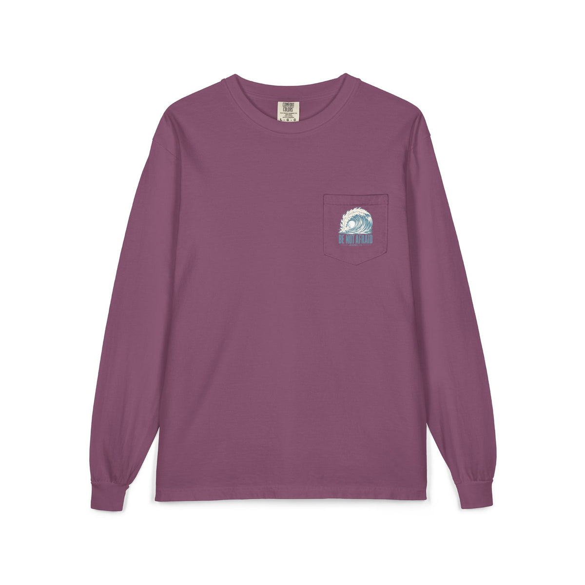 Wave Pocket Long Sleeve, long-sleeve tee, Berry, front view, BE NOT AFRAID., Joshua 1:9 (KJV)