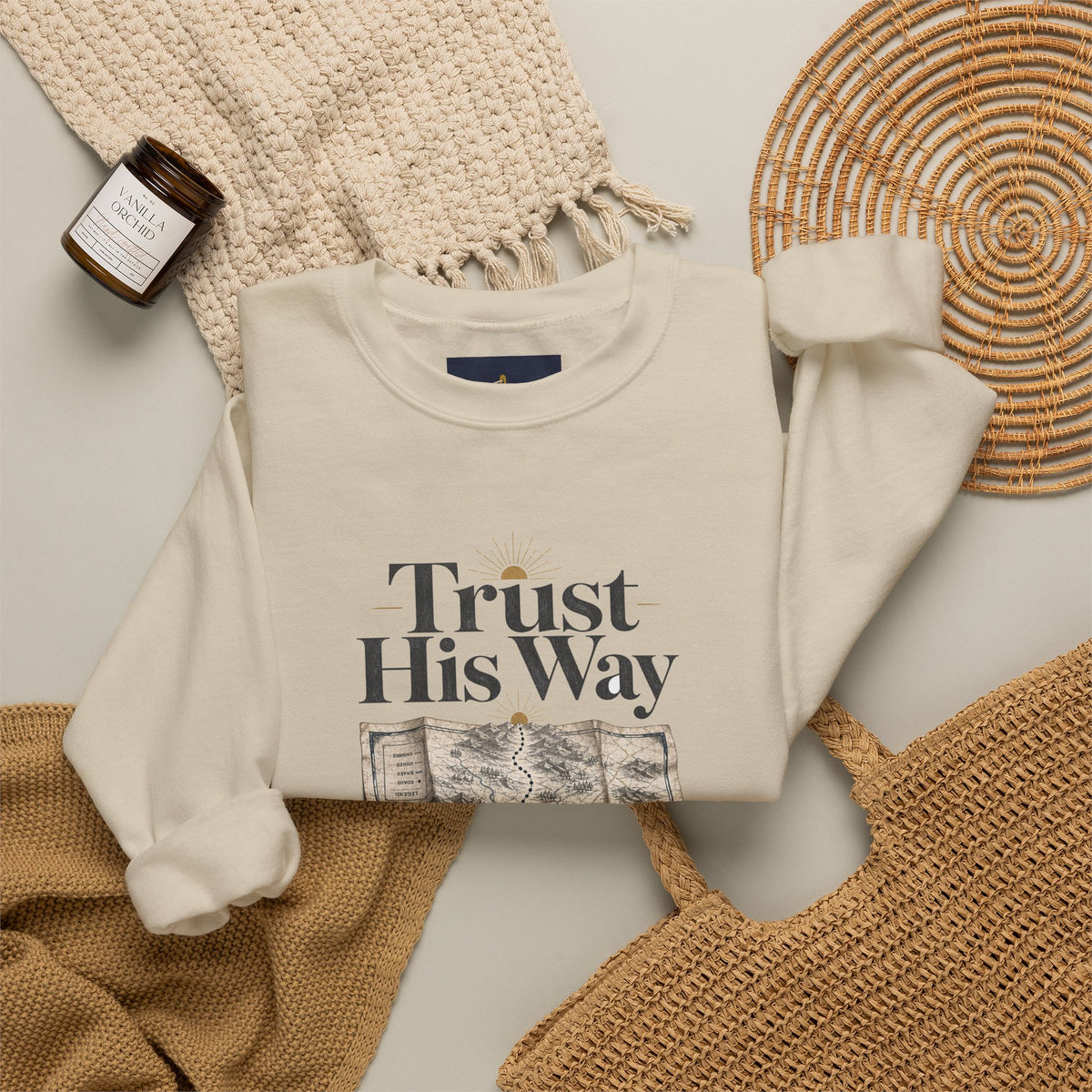 Trust His Way Crewneck, crewneck, Sand, flat lay, TRUST HIS WAY., Proverbs 3:5–6 (KJV)
