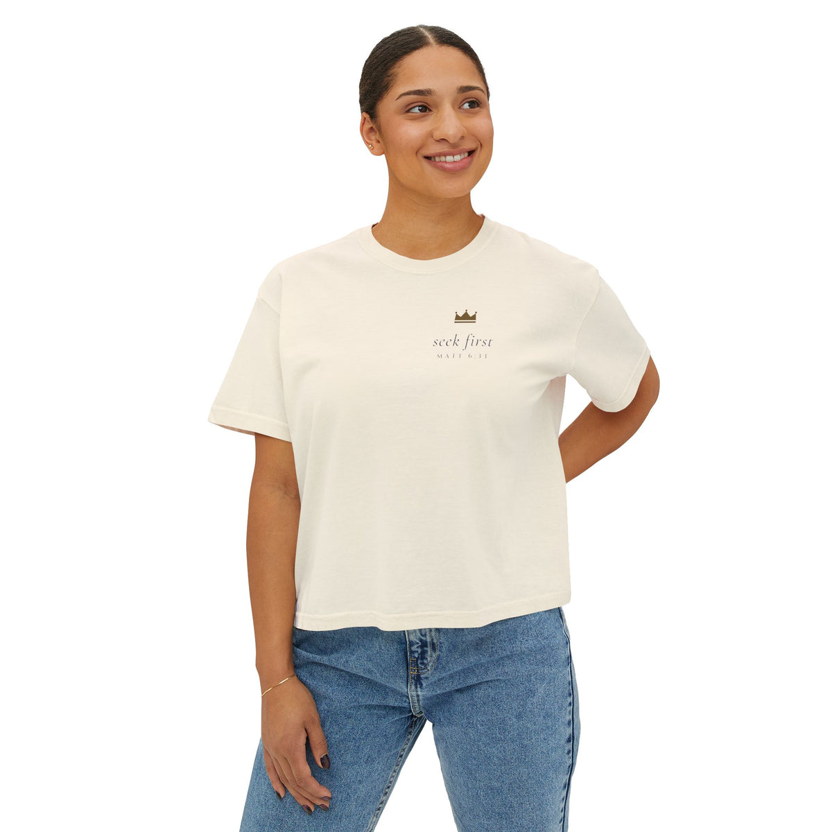 Seek First Minimal Crop Tee, t-shirt, Ivory, front view, worn, SEEK FIRST., Matthew 6:33 (KJV)