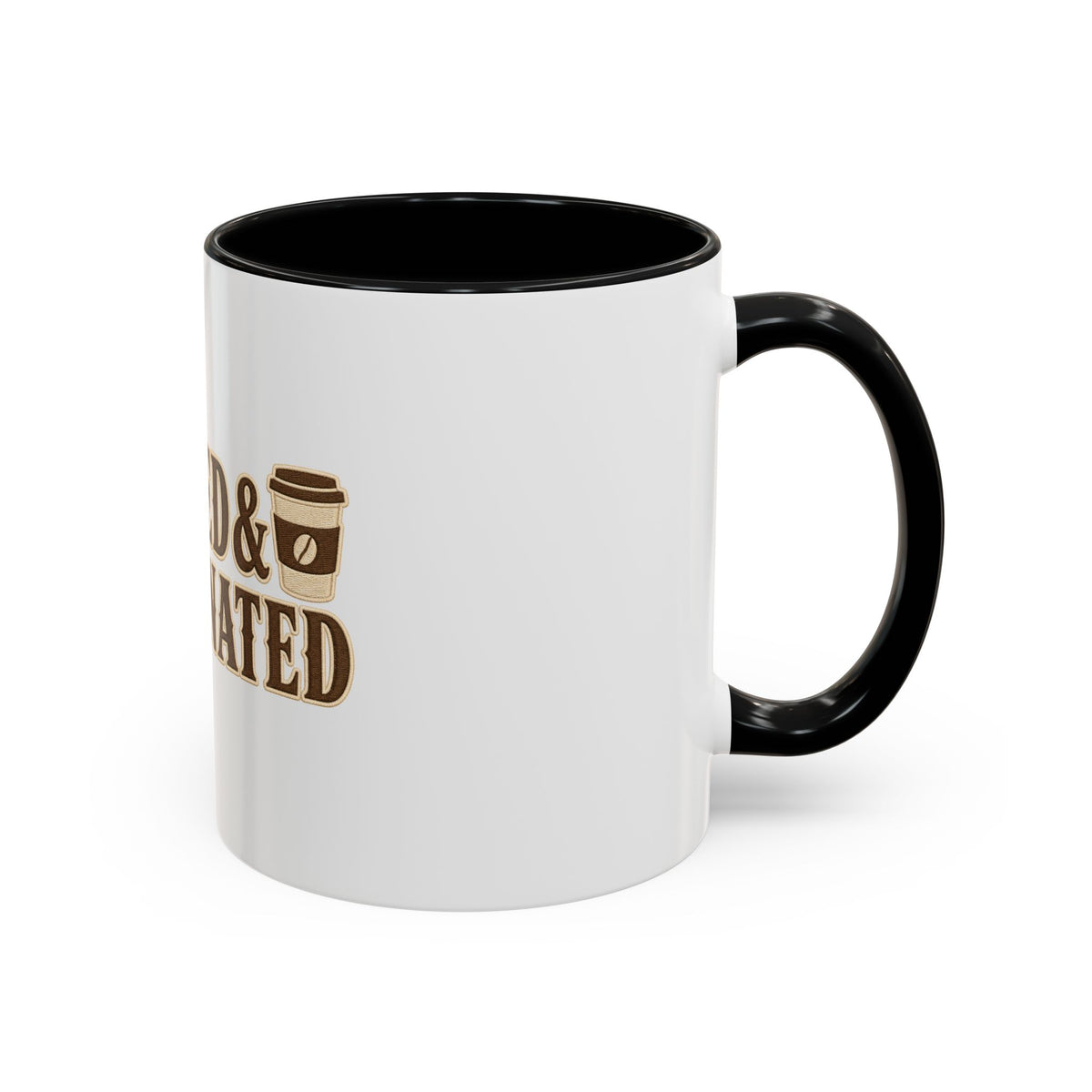 Blessed & Caffeinated Mug, mug, Black inside and handle, handle on the right, BLESSED & CAFFEINATED., Lamentations 3:22–23 (KJV)