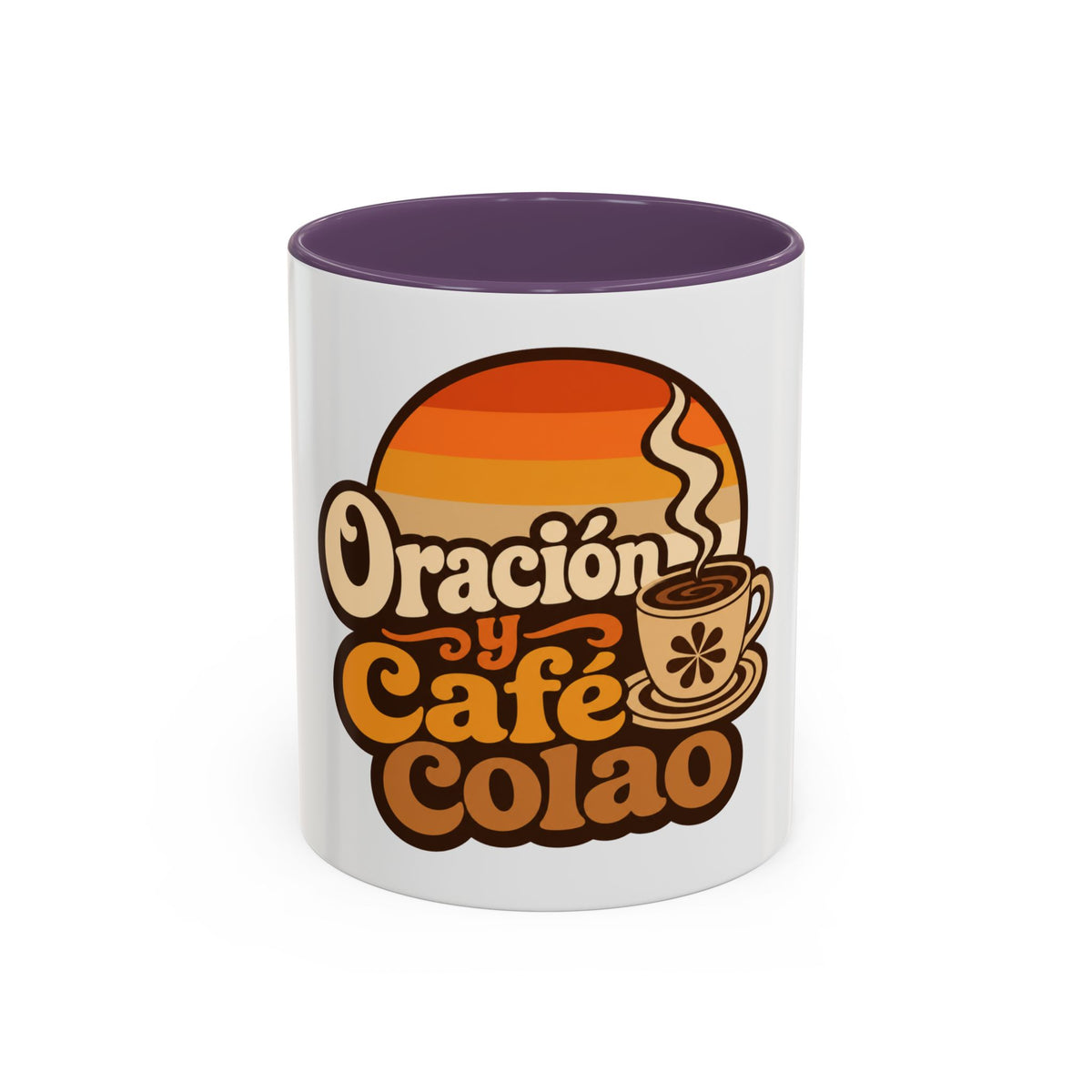 Oración y Café Colao Mug, mug, Purple inside and handle, front view, ORACIÓN Y CAFÉ COLAO., Psalm 5:3 (KJV)