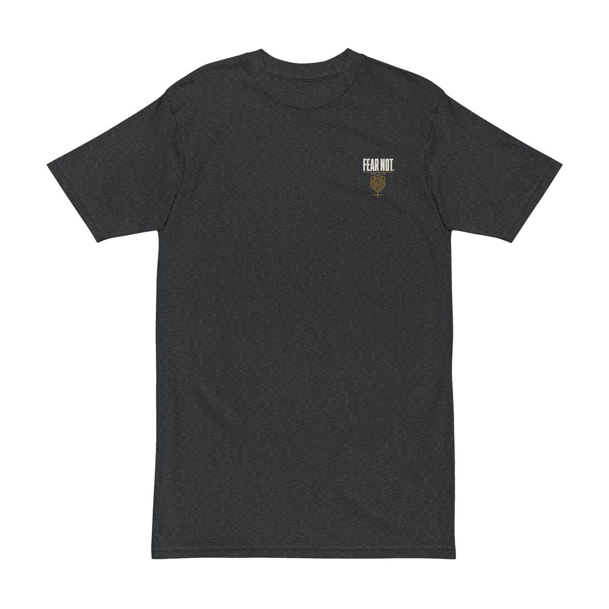 Fear Not Lion Tee, t-shirt, Charcoal Heather, front view, FEAR NOT., Isaiah 41:10 (KJV)