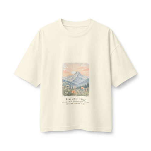 All Things Mountain Women's Boxy Tee, Natural, front view, ALL THINGS., Philippians 4:13 (KJV)