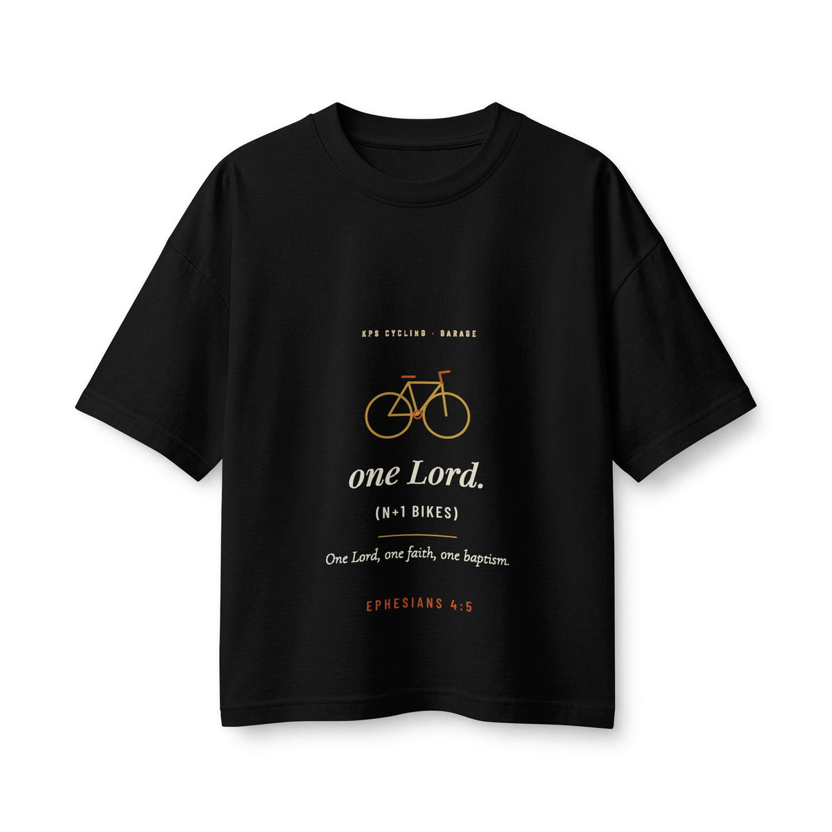 One Lord N+1 Bikes Women's Boxy Tee, Black, front view, ONE LORD. (N+1 BIKES.) Ephesians 4:5 (KJV)