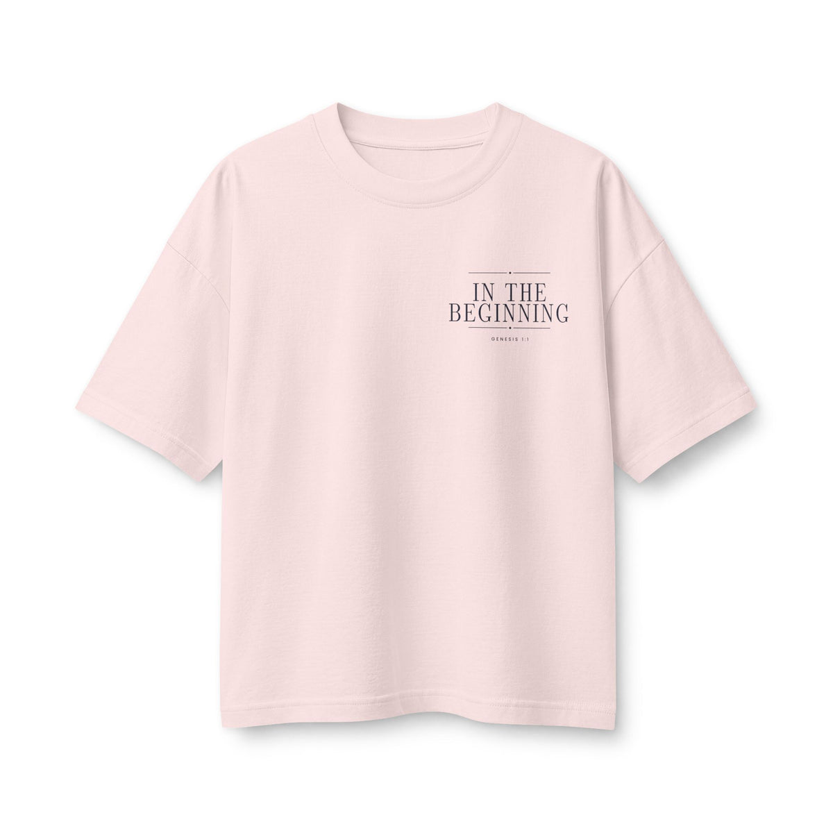 In The Beginning Women's Relaxed Tee in Soft Pink, front view: small IN THE BEGINNING chest print, Genesis 1:1 (KJV)