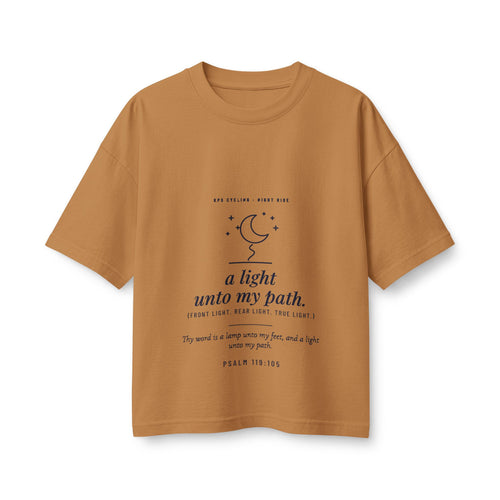 A Light Unto My Path Women's Boxy Tee, Toast, front view, A LIGHT UNTO MY PATH. (FRONT LIGHT. REAR LIGHT. TRUE LIGHT.) Psalm 119:105 (KJV)