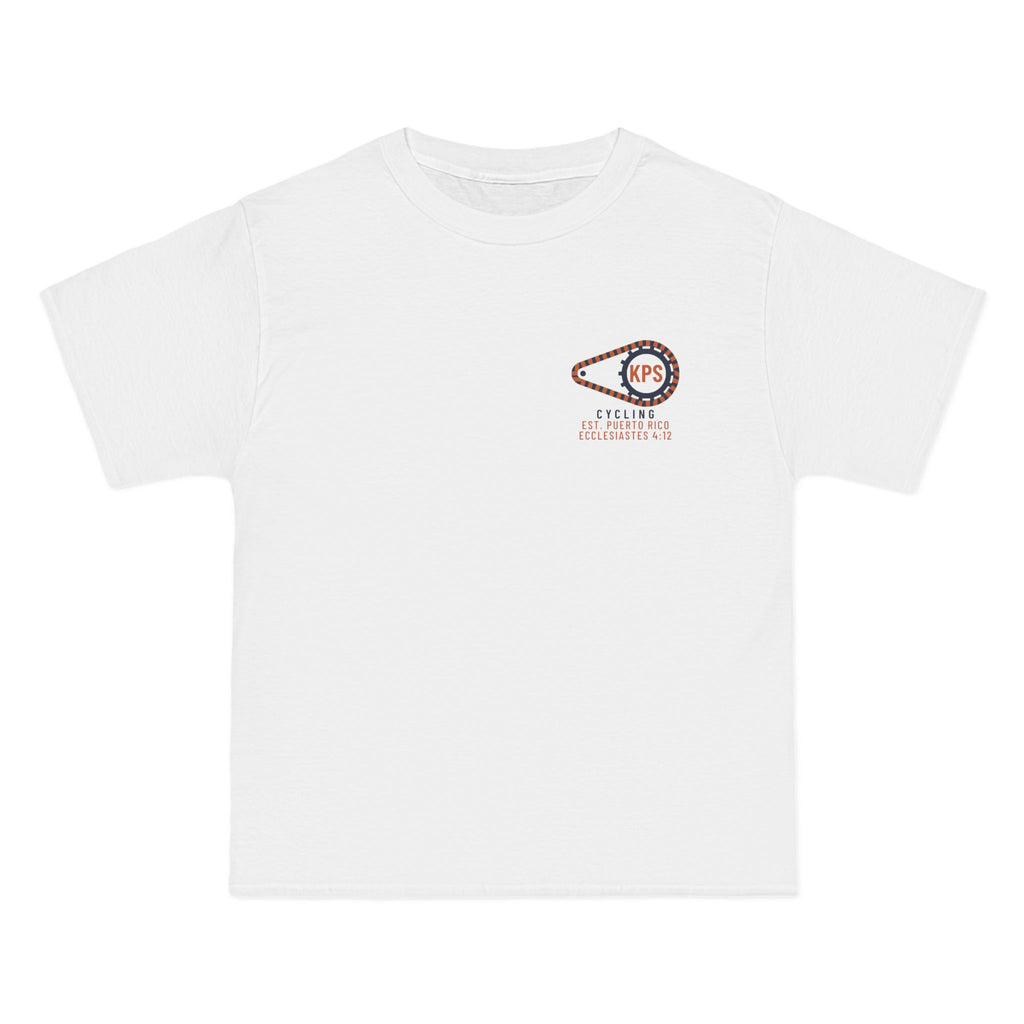 KPS Cycling Club Tee, White, front view, KPS CYCLING CLUB. Ecclesiastes 4:12 (KJV)