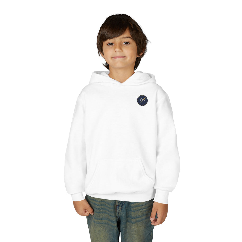 Child of God Youth Hoodie, kids' hoodie, White, front view, worn by a child, A CHILD OF GOD… STILL ASKING “ARE WE THERE YET?”, 1 John 3:2 (KJV)