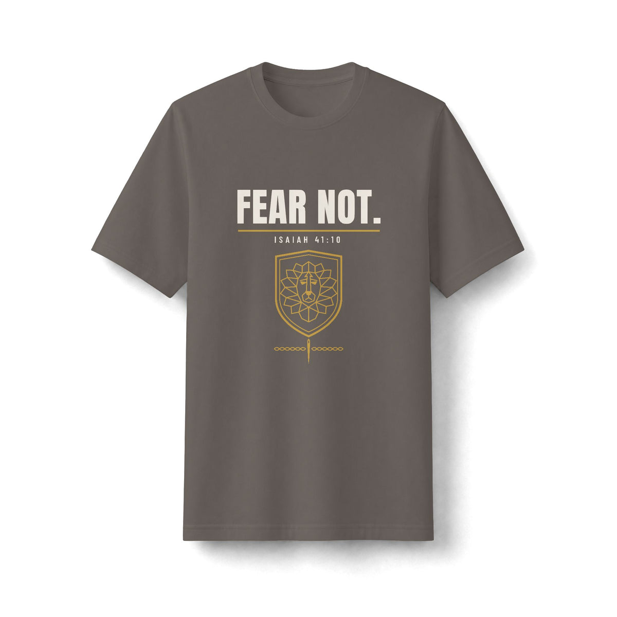 Fear Not Tee, t-shirt, Shiitake, front view, FEAR NOT., Isaiah 41:10 (KJV)